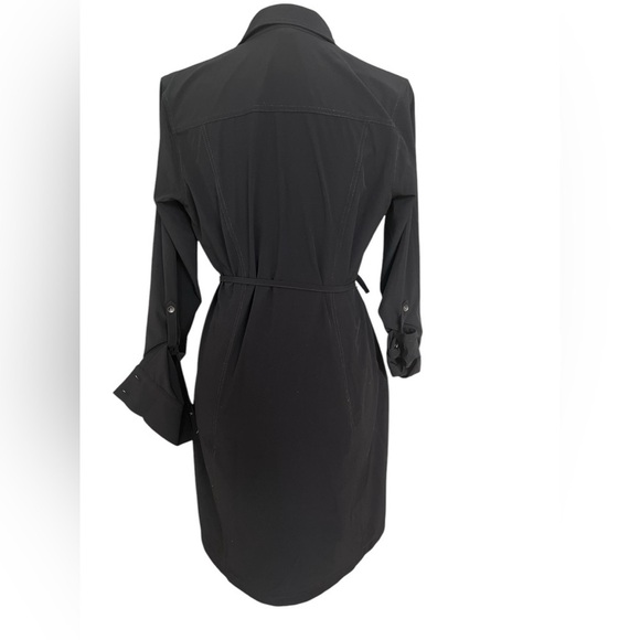 Eddie Bauer Black Belted Stretch Button Shirt Dress Size Small Roll-Tab Sleeves - Picture 2 of 12